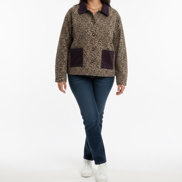 Idem Ditto Jacket Womens Size L Brown Leopard Print Corduroy Collar NWT - Picture 2 of 4